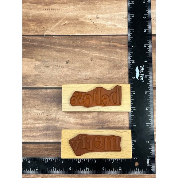 SET OF 2 HOLIDAY THEMED WOOD MOUNTED RUBBER STAMPS BY HERO ARTS BELIEVE MERRY - Picture 5 of 5